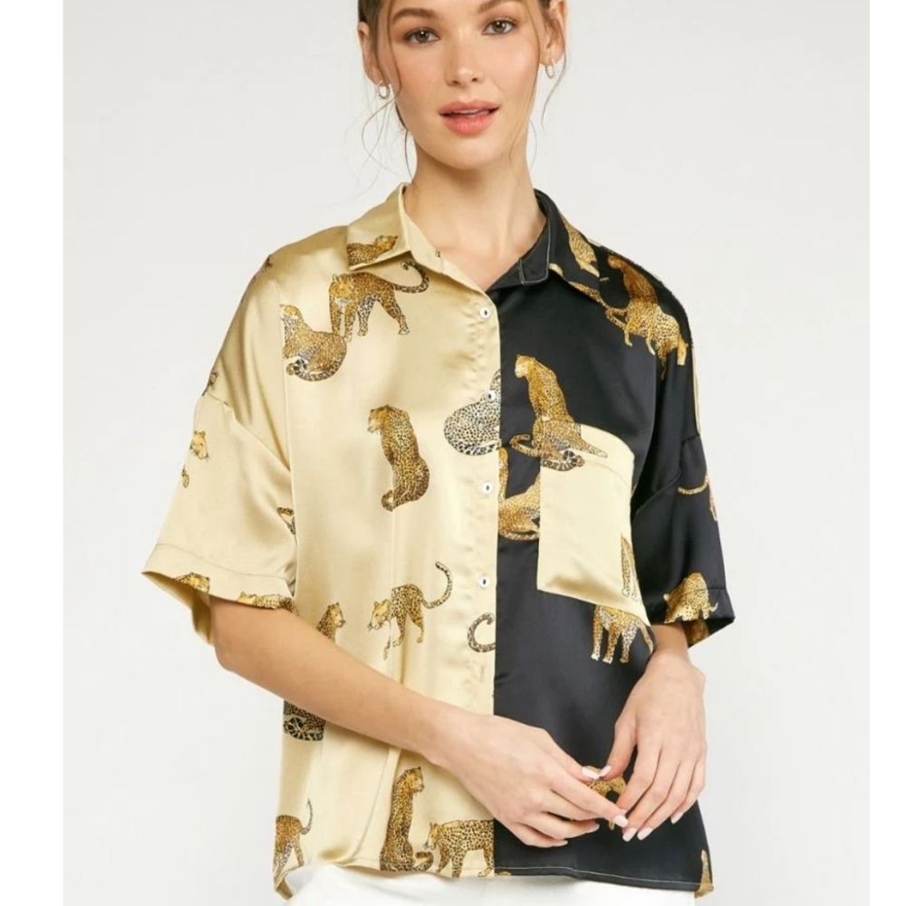 NWT Entro Satin cheetah collared button up top colorblock Womens Size Small